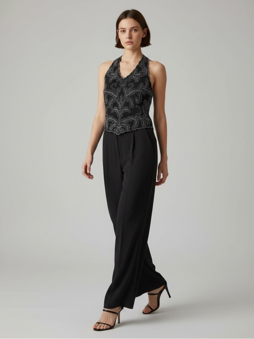 JMD New York Black Beaded Sleeveless Halter Top Dressy Medium